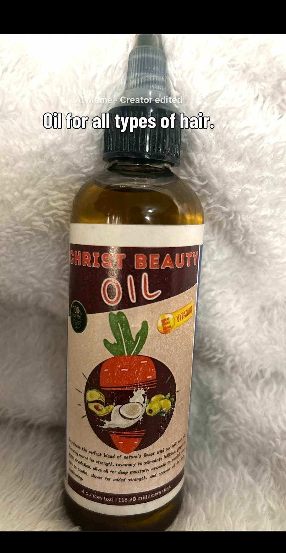 Christ Hair Nourishing Oil Carrot, rosemary, ginger, extra virgin olive oil, avocado, aloe vera,  cloves, coconut, and mint. $25+tax+$7 shipping